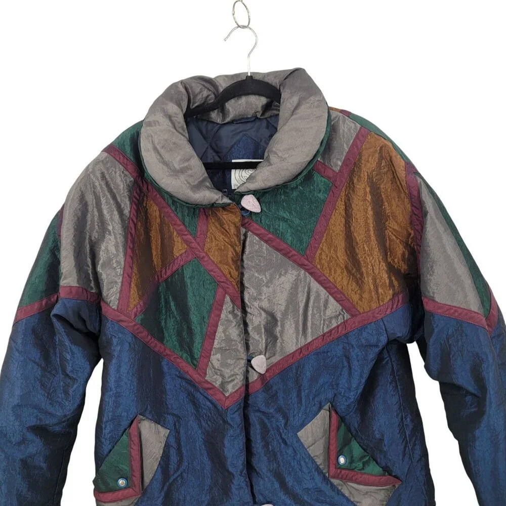 Vtg 80s Colorblock Nylon Winter‎ Jacket Coat Sz M Metallic Multicolor Geometric